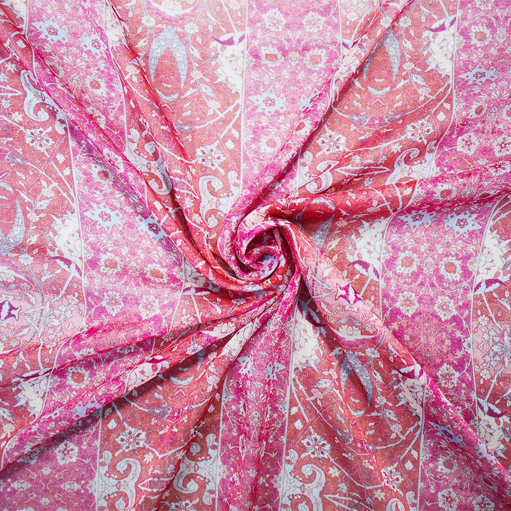 Pink-Blue-Multi Poly Stripe Floral Printed Crinkle Yoryu Chiffon Woven Fabric