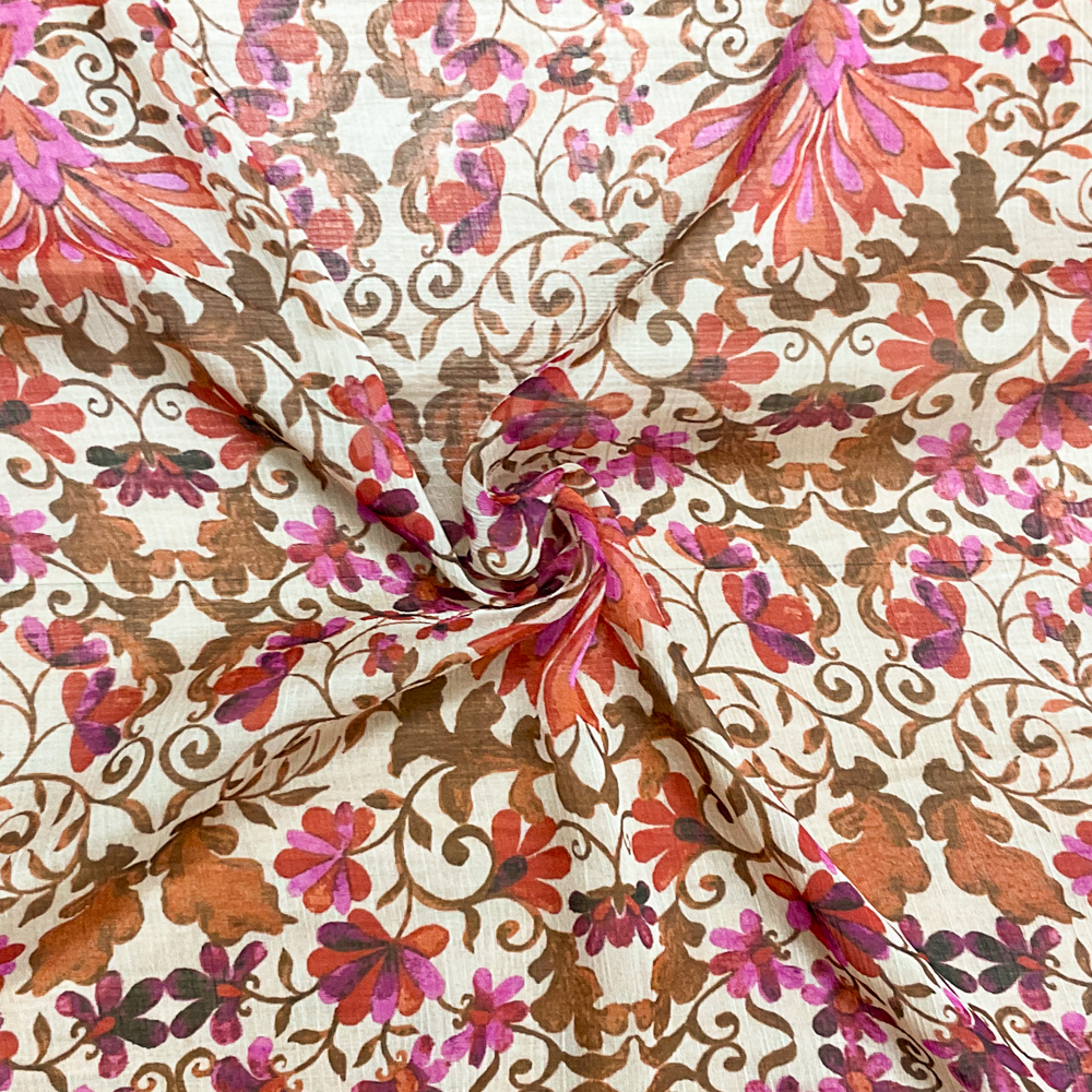 Beige-Red-Multi Poly Floral Printed Crinkle Yoryu Chiffon Woven Fabric