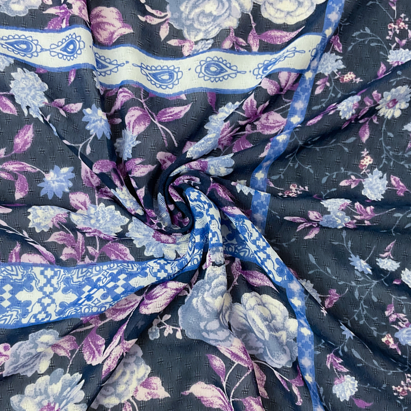 Blue-Multi Poly Stripe Floral Border Print Dobby Chiffon Woven Fabric