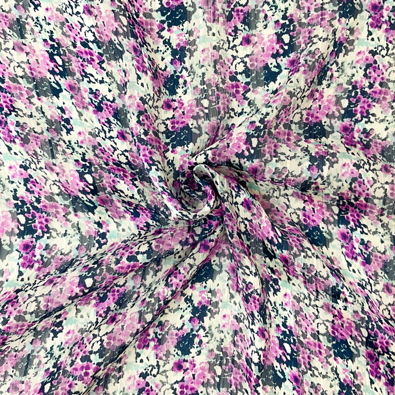 Purple-Multi Poly Floral Print Satin Stripe Chiffon Woven Fabric