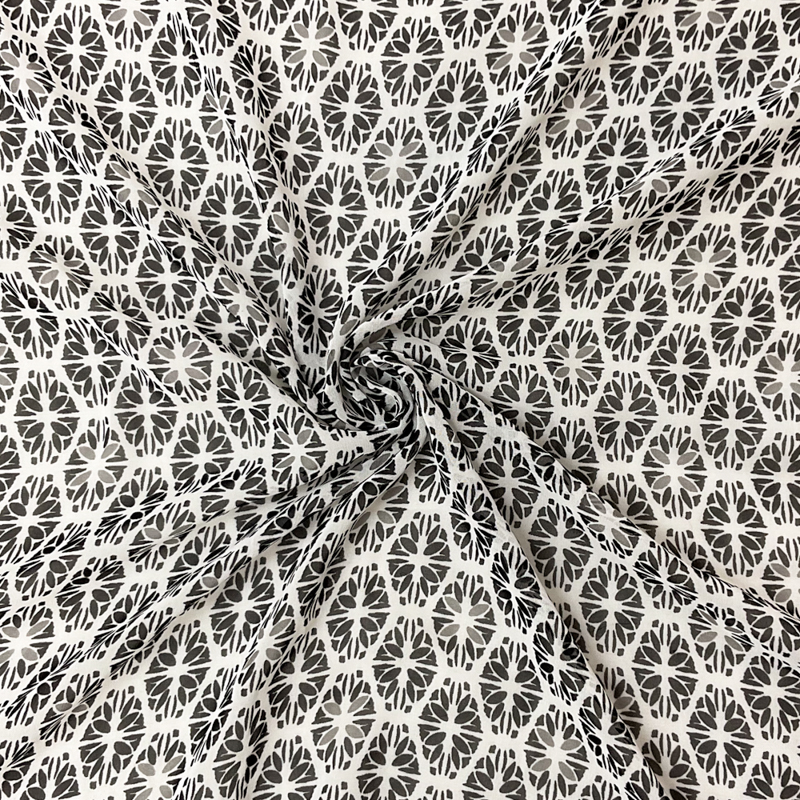 Black-White-Gray Poly Tile Floral Printed Chiffon Woven Fabric