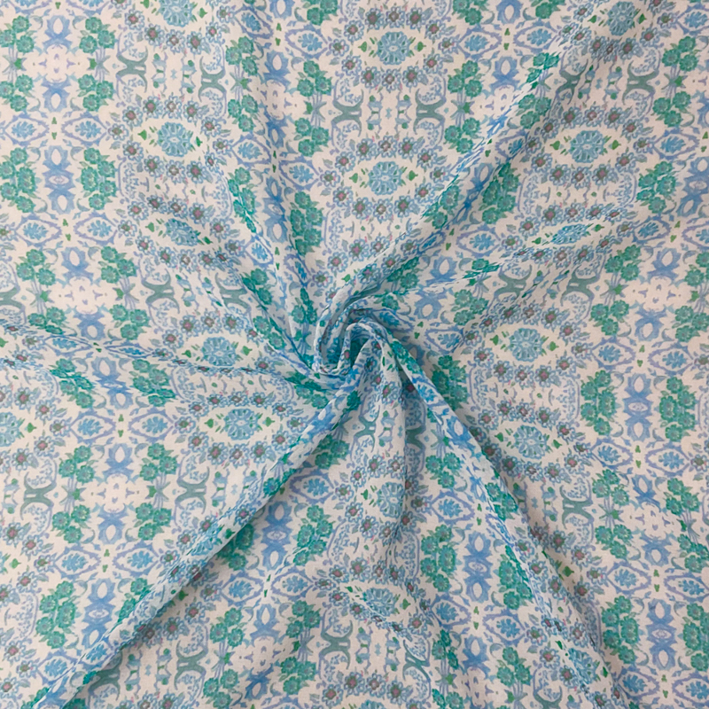 Blue-White-Multi Poly Abstract Floral Printed Chiffon Woven Fabric