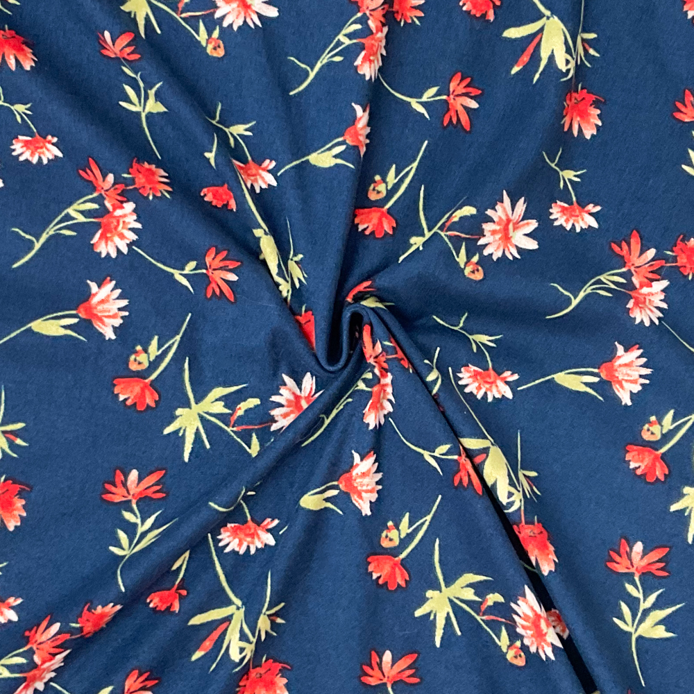 Blue-Multi Poly Spandex Stretch Floral Print DB Jersey Knit Fabric