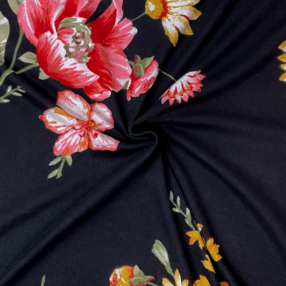 Black-Multi Poly Spandex Stretch Floral Print DB Jersey Knit Fabric