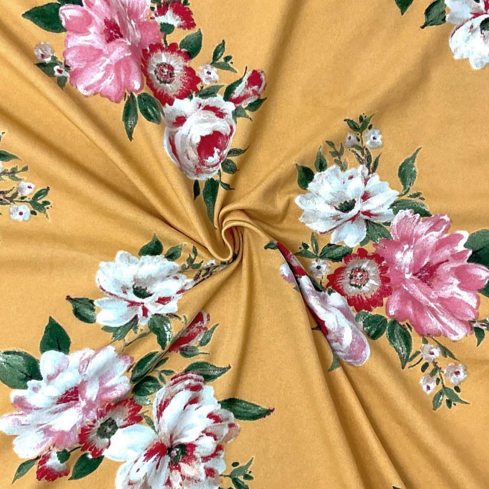 2 YD PC-Yellow-Multi Poly Spandex Stretch Floral Print DB Jersey Knit Fabric