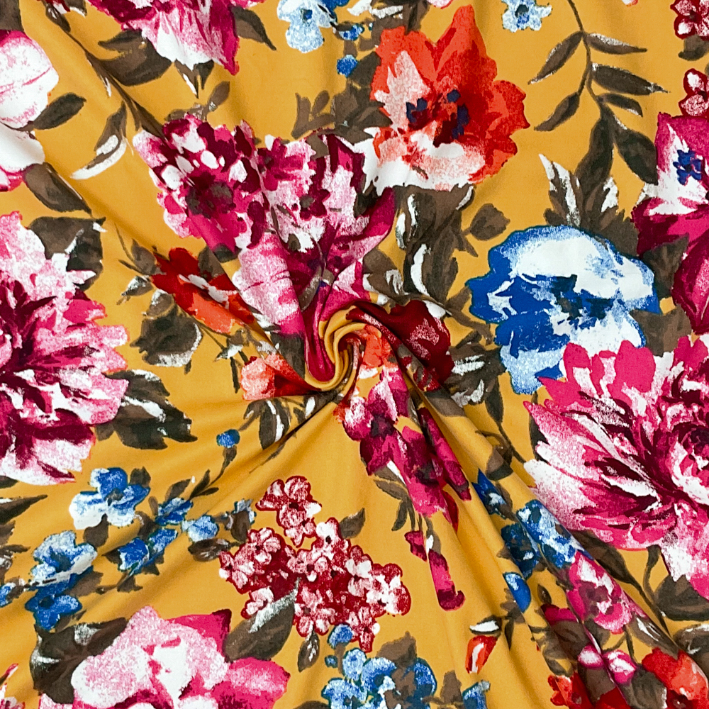 3 1/2 YD PC-Yellow-Multi Poly Stretch Spandex Floral Print DB Jersey Knit Fabric