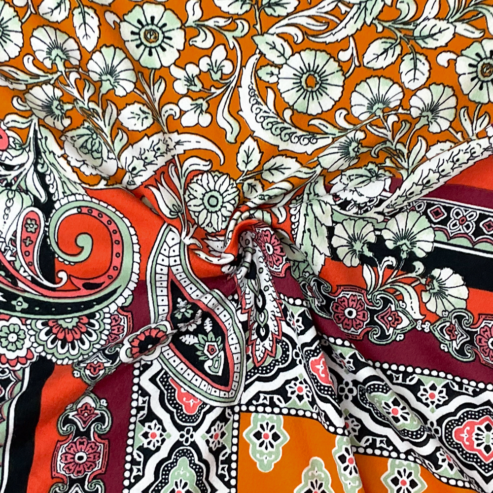 Orange-Multi Poly Spandex Stretch Border Floral Print DB Jersey Knit Fabric