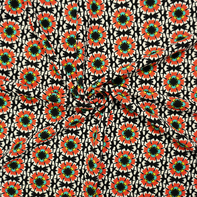 Black-Multi Poly Geo Floral Print Liverpool Double Knit Fabric