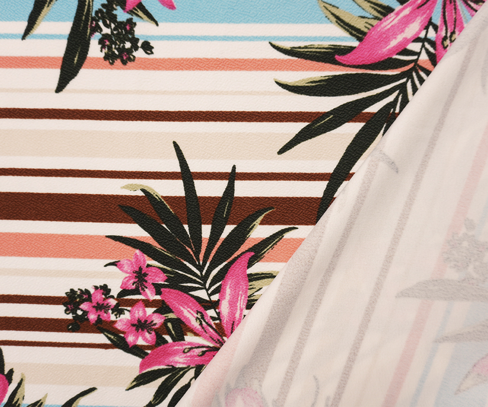 Pink-Multi Poly Floral Stripe Print Liverpool Double Knit Fabric