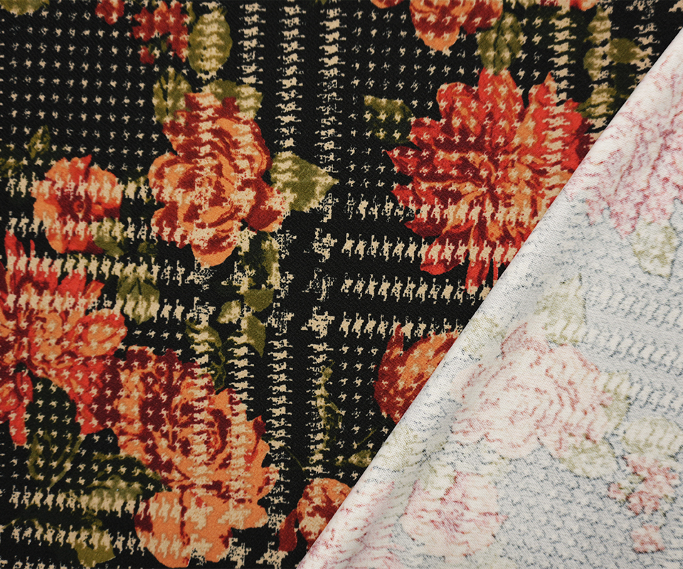 Black-Multi Poly Floral Plaid Print Liverpool Double Knit Fabric