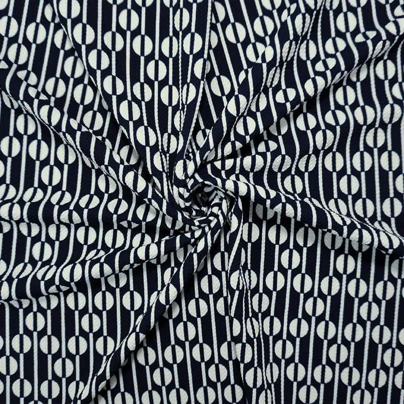 Deep Blue-White Poly Geometric Print Liverpool Double Knit Fabric