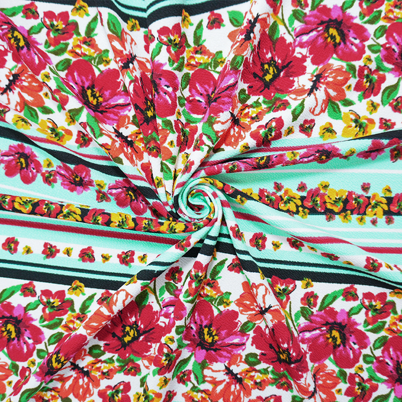 Teal-Red-Multi Poly Floral Stripe Print Liverpool Double Knit Fabric