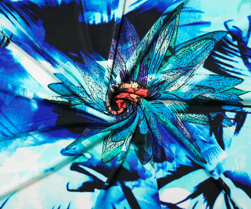 1 1/4 YD PC-Blue-Teal-Multi Poly Stretch Floral Print ITY Jersey Knit Fabric