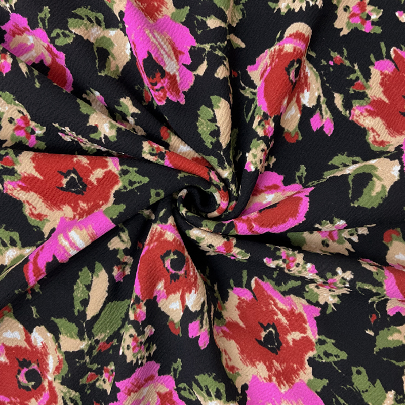 Black-Red-Multi Poly Floral Printed Liverpool Double Knit Fabric