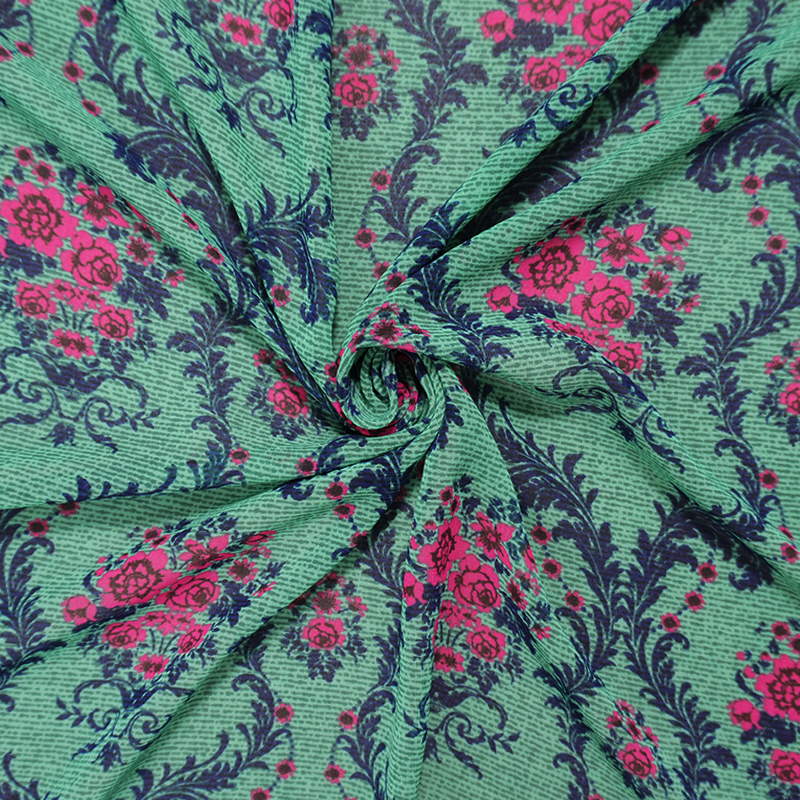 Green-Pink-Multi Poly Floral Printed Chiffon Woven Fabric