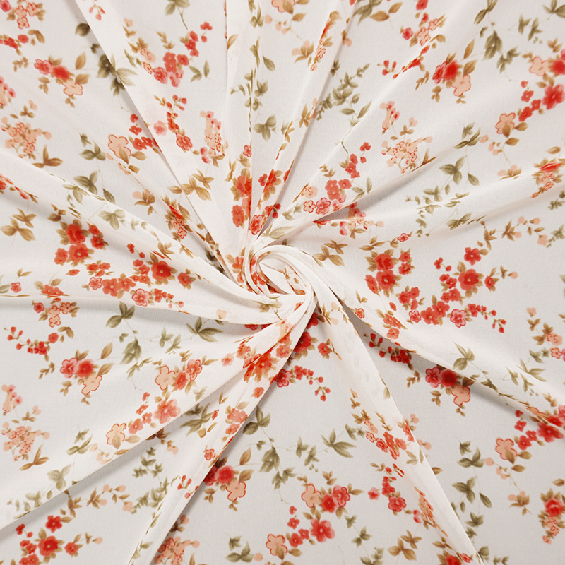 White-Red-Brown Poly Floral Printed Chiffon Woven Fabric