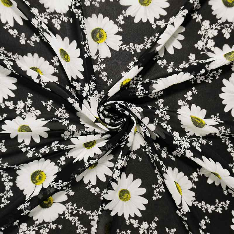 Black-White-Yellow Poly Floral Vine Printed Chiffon Woven Fabric