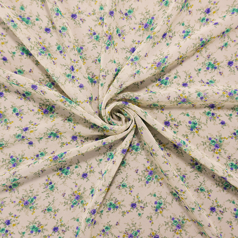 Beige-Purple-Green Poly Floral Printed Chiffon Woven Fabric