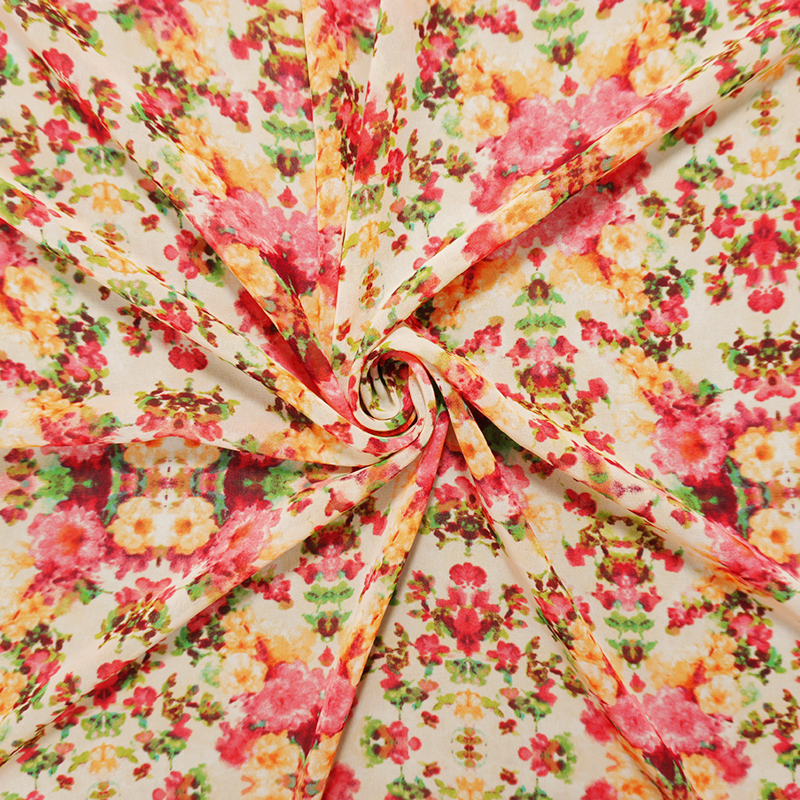 Beige-Red-Pink Poly Floral Printed Chiffon Woven Fabric
