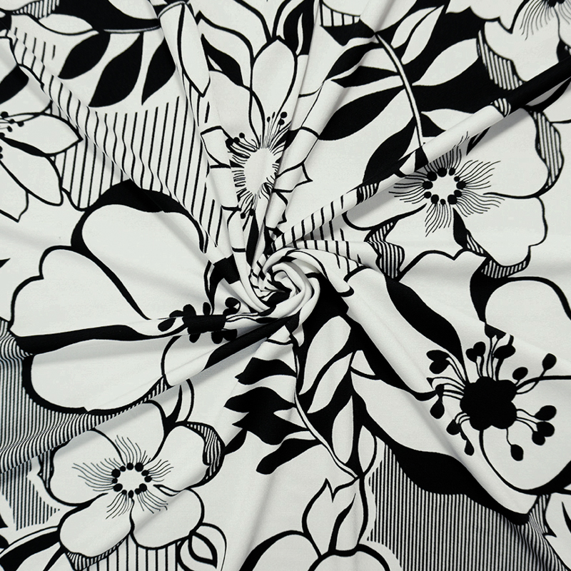 White-Black Poly Spandex Floral Printed ITY Jersey Knit Fabric
