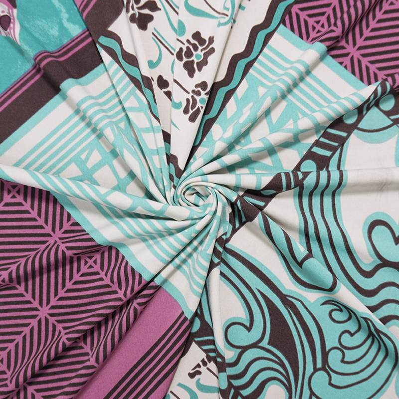 Purple-Pink-Multi Poly Floral Geo Patch Print ITY Jersey Knit Fabric