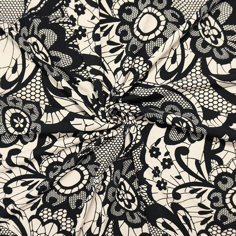 Black-Beige Lace-Like Floral Printed ITY Jersey Knit Fabric