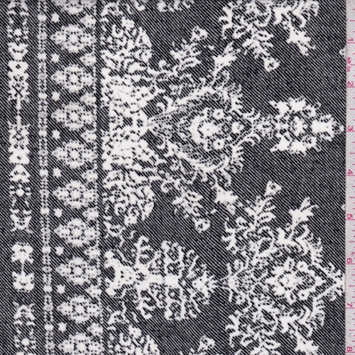 2 1/2 YD PC-Black/White Medallion Border Crepe De Chine Fabric