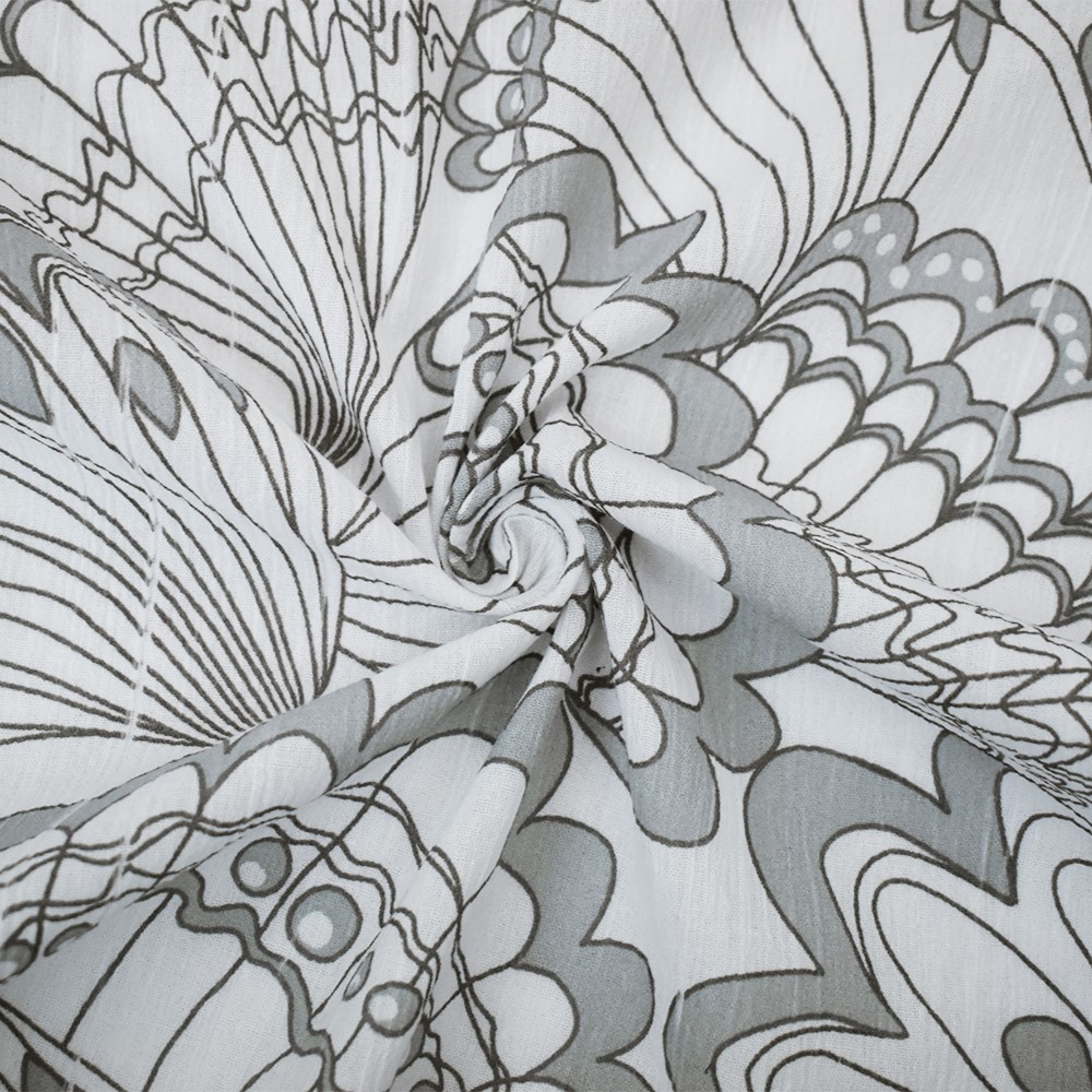 White-Gray Cotton Abstract Feather Printed Crinkled Gauze Woven Fabric