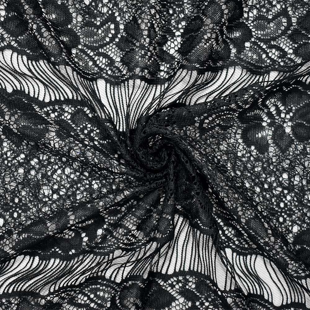 Black Polyester Floral Stripe Crochet Lace Knit Fabric