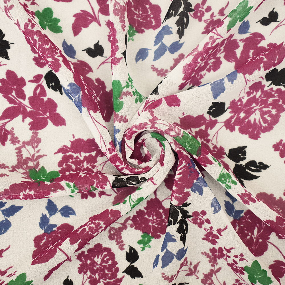 White-Magenta Pink-Multi Floral Printed Poly Chiffon Woven Fabric