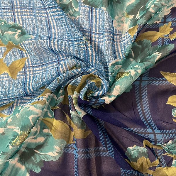 Turquoise Multi Plaid Floral Print Chiffon Fabric