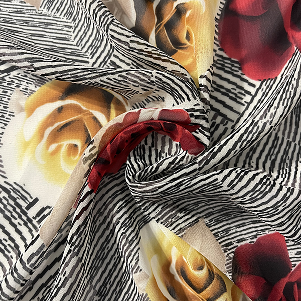 Red and Gold Floral Poly Print Chiffon Fabric