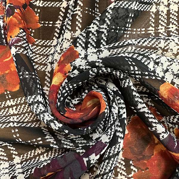Orange Floral Print Poly Chiffon Fabric