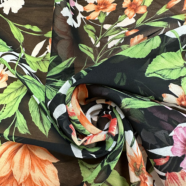 Black Multi Floral Print Poly Chiffon Fabric