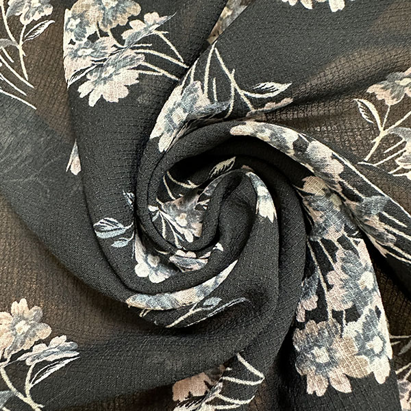 Black Floral Print Ripstop Look Poly Chiffon Fabric