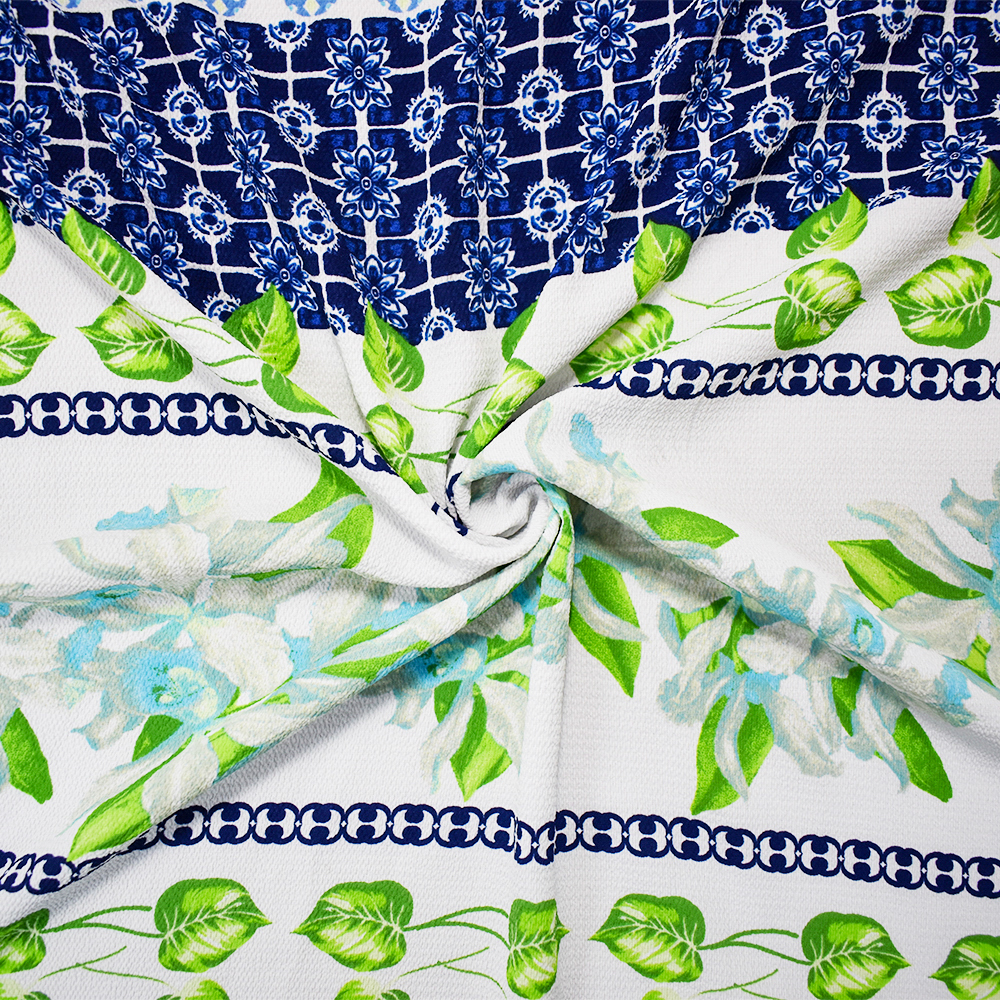 2 7/8 YD PC-Blue-Green-Multi Poly Leaf Multi Pattern Printed Pebble Crepe Woven Fabric