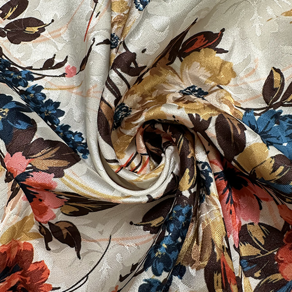 4 YD PC-Cream Floral Print Stretch Satin Jacquard Fabric