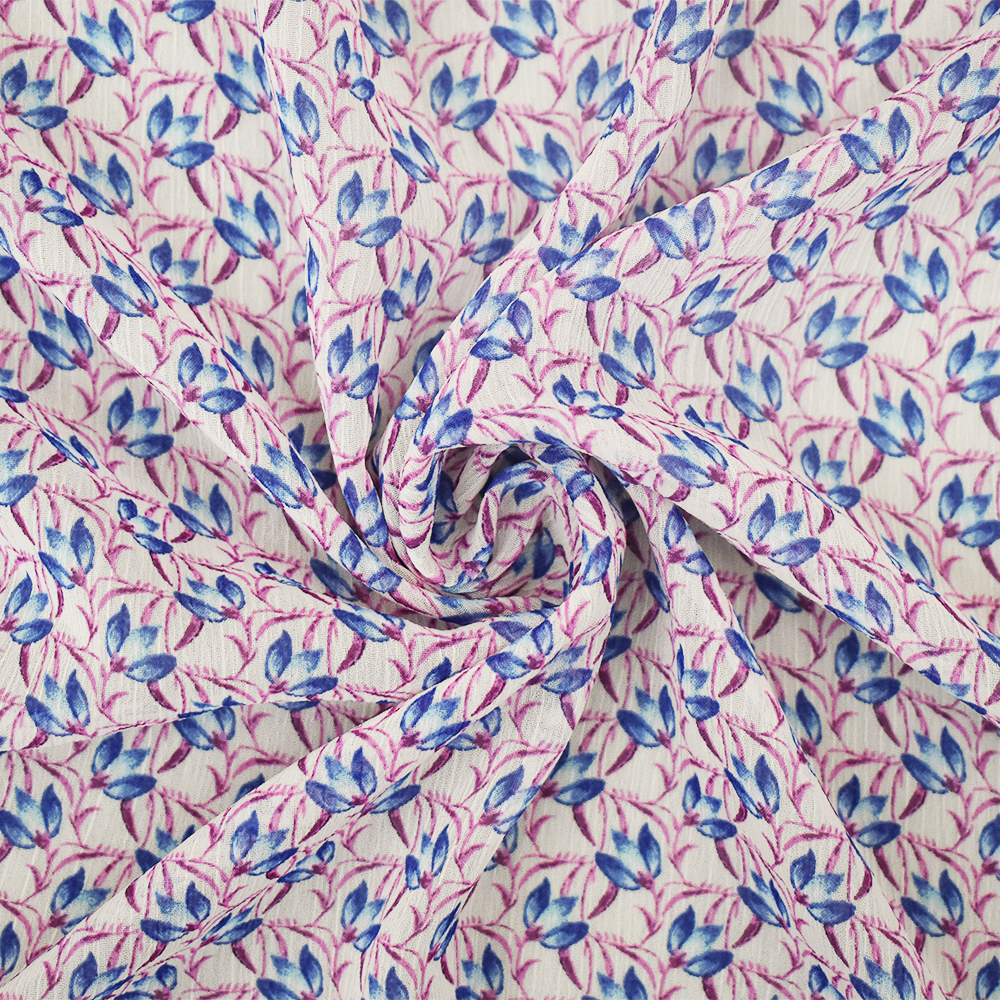 Ivory-Purple-Blue Floral Printed Poly Yoryu Chiffon Woven Fabric