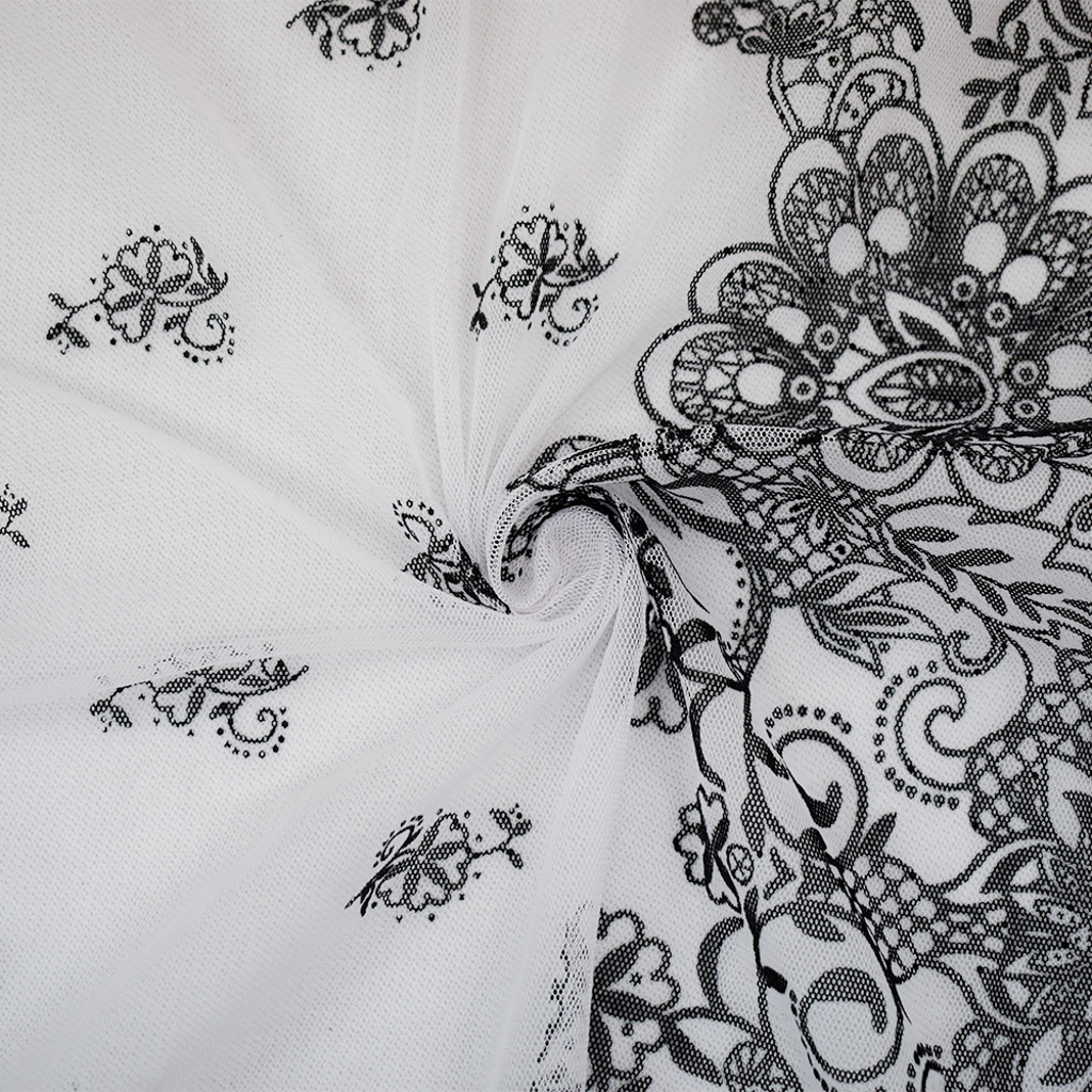 White-Black Nylon Floral Border Printed Mesh Tulle Knit Fabric