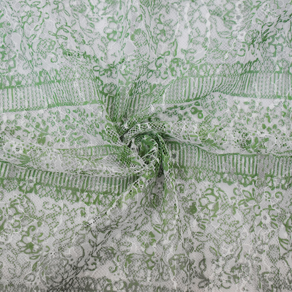 Green-White Nylon Floral Stripe Printed Lace Mesh Knit Fabric