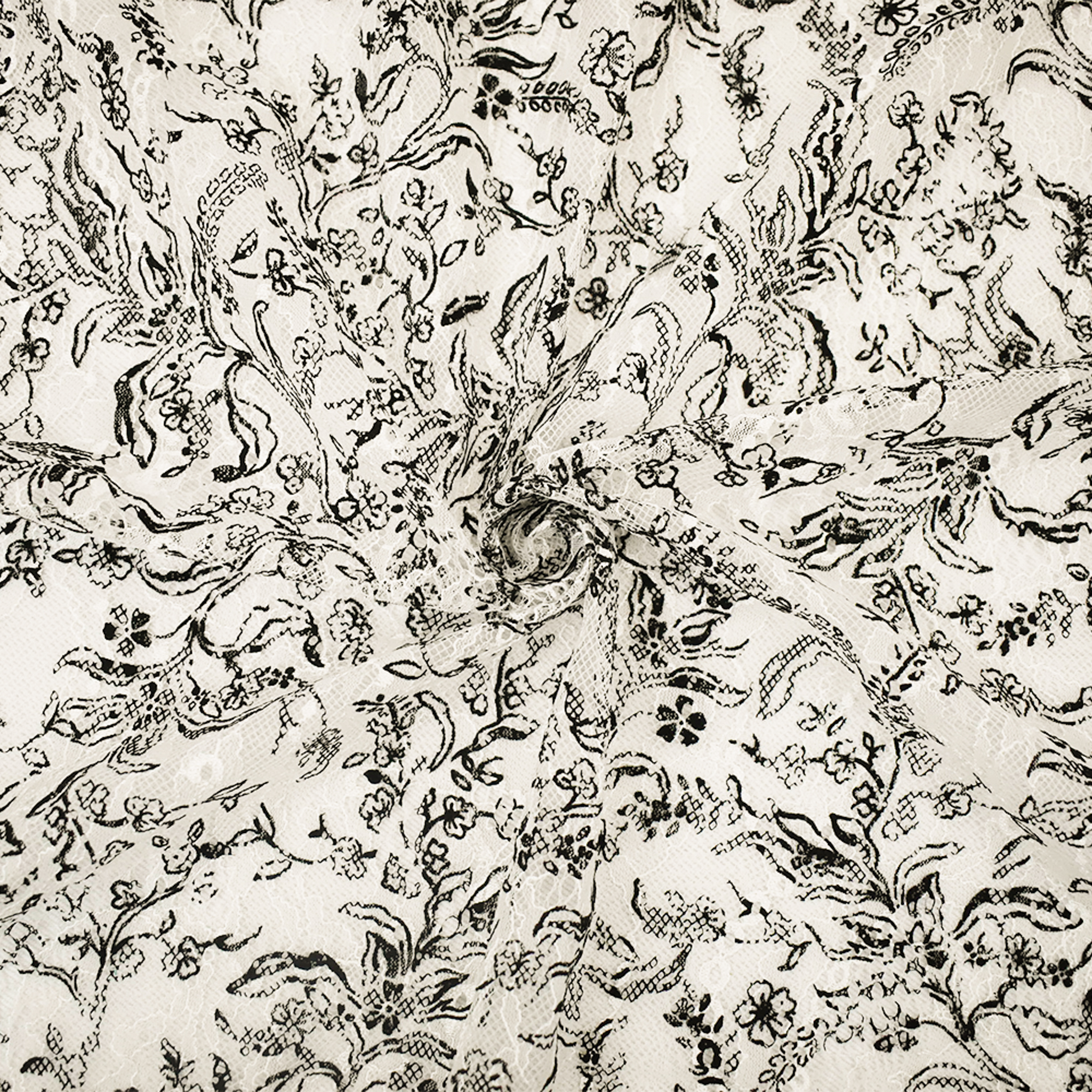 White-Black Nylon Floral Vine Printed Lace Mesh Knit Fabric