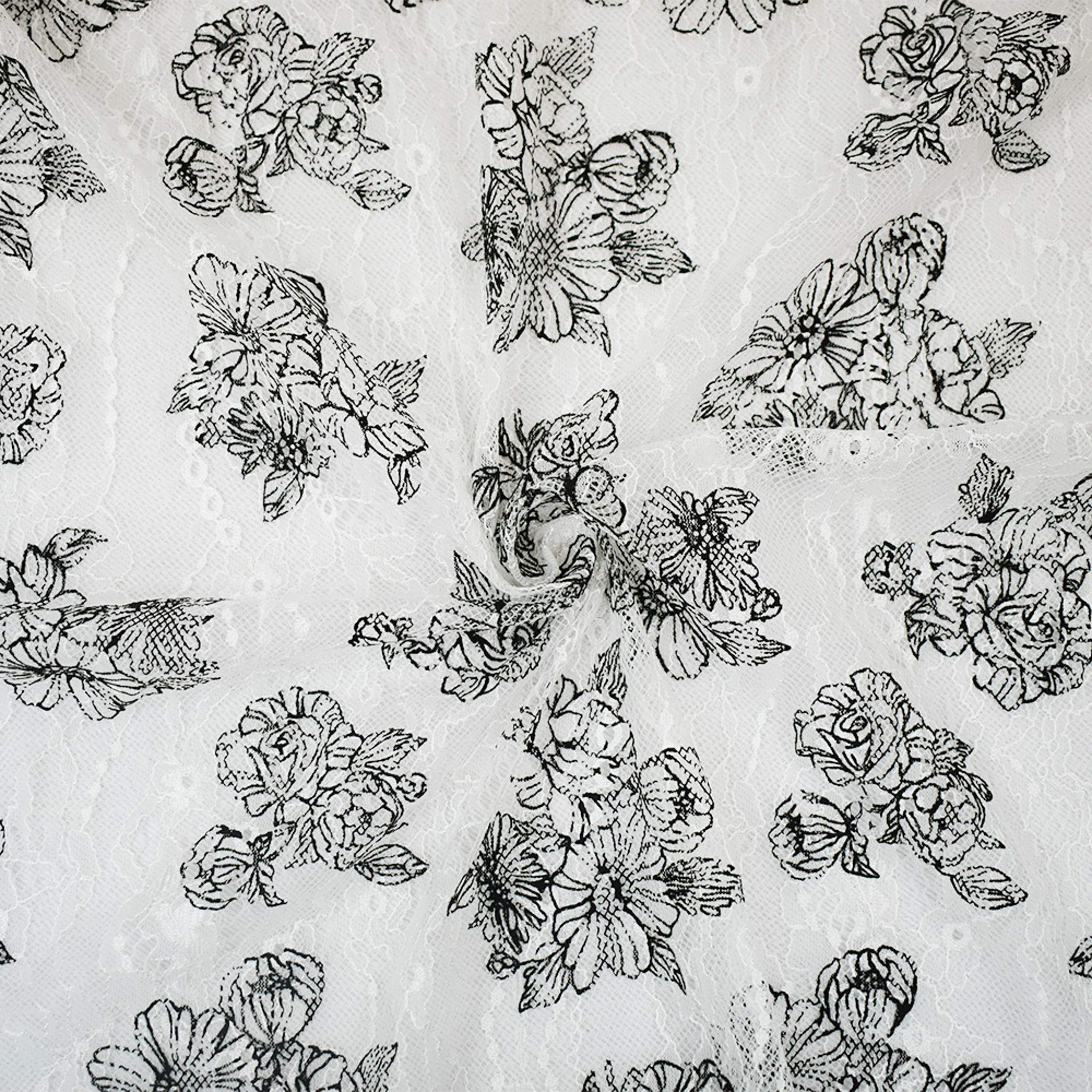 White-Black Nylon Floral Printed Lace Mesh Knit Fabric