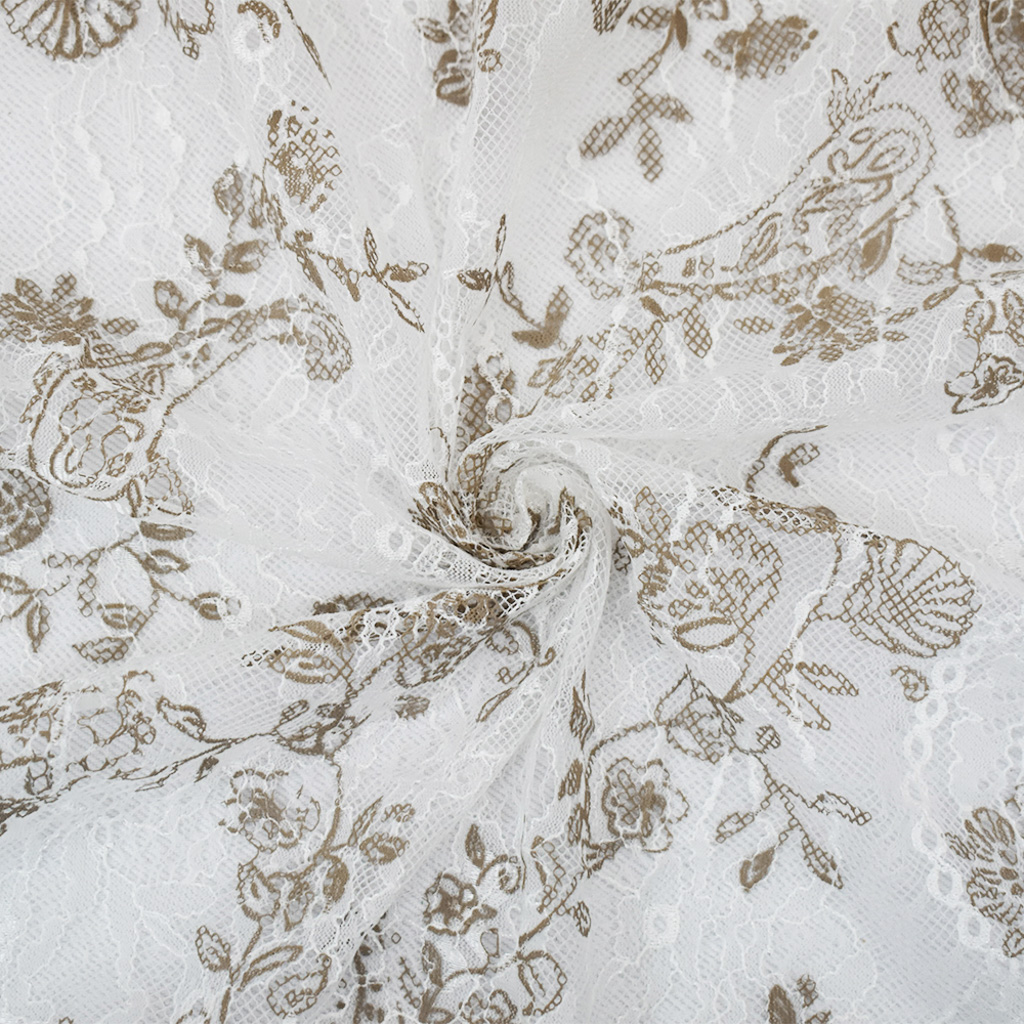 2 YD PC-White-Brown Nylon Floral Printed Lace Mesh Knit Fabric