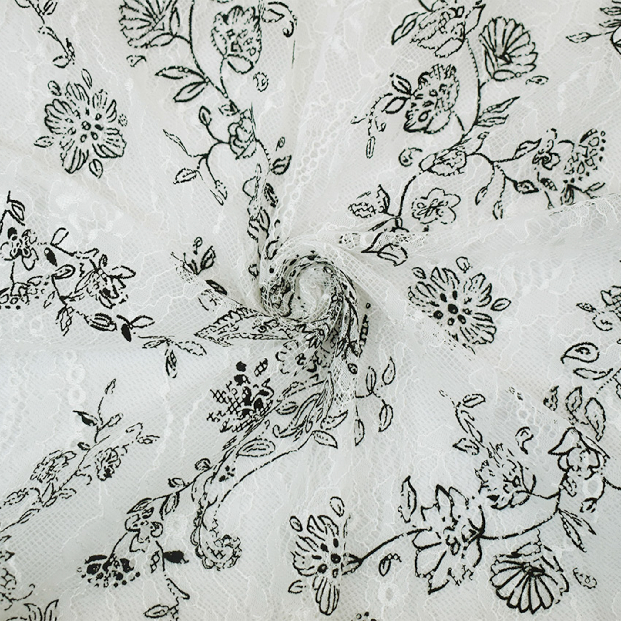 White-Black Nylon Floral Paisley Printed Lace Mesh Knit Fabric