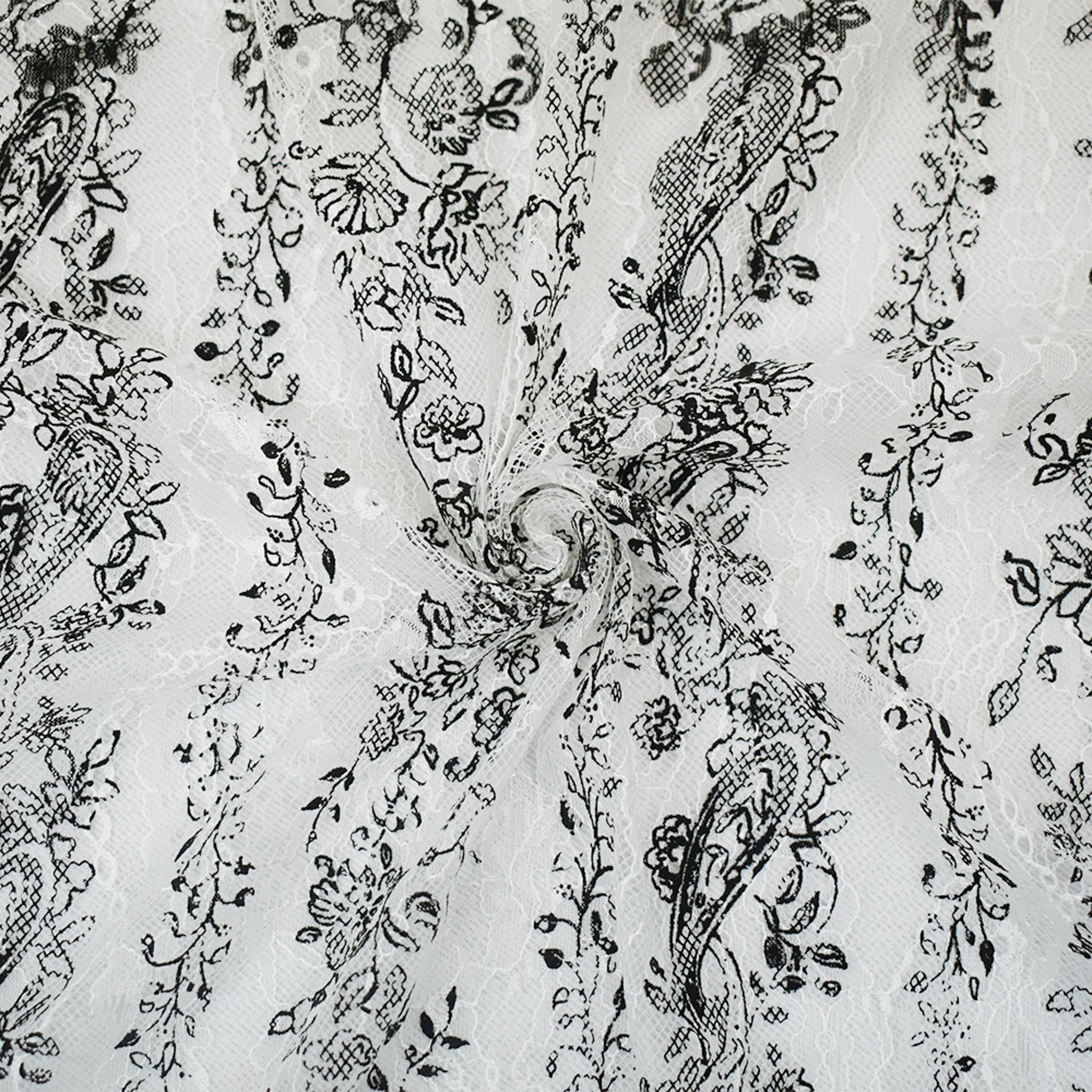 White-Black Nylon Floral Paisley Printed Lace Mesh Knit Fabric