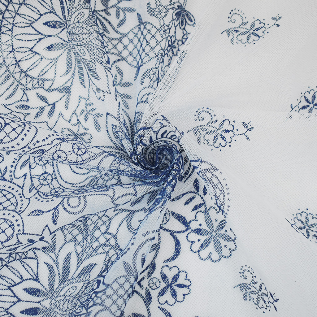 White-Dark Blue Nylon Floral Border Printed Mesh Tulle Fabric
