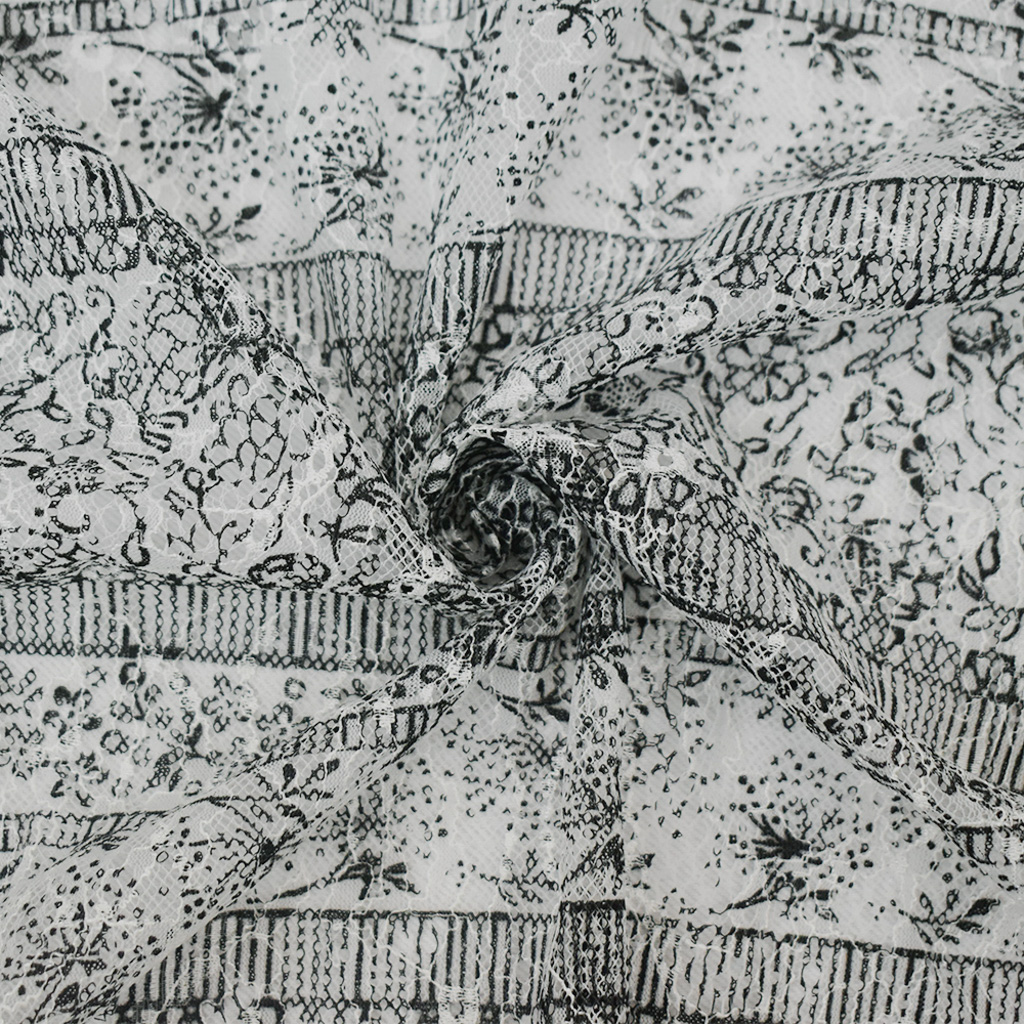 White-Black Nylon RAYON Floral Stripe Printed Lace Mesh Knit Fabric