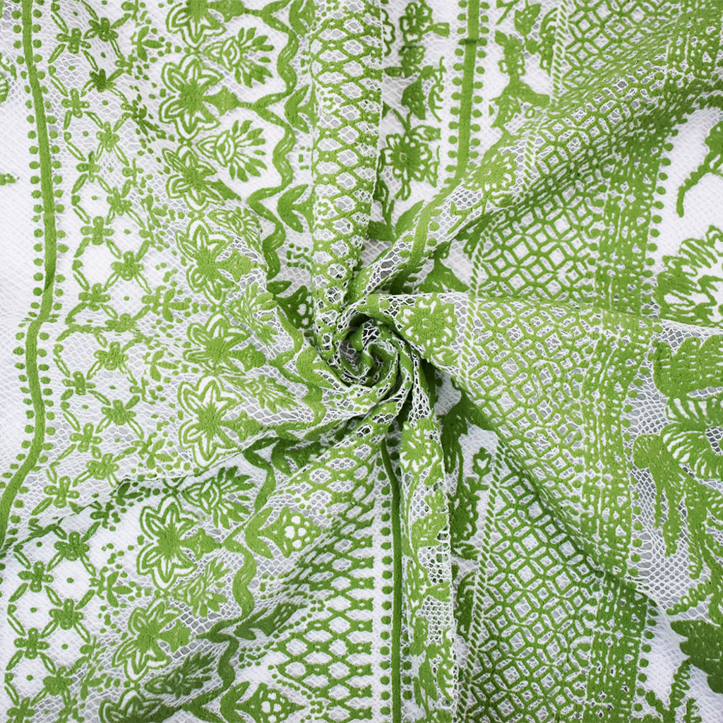 White-Green Nylon Cotton Floral Stripe Printed Mesh Tulle Knit Fabric