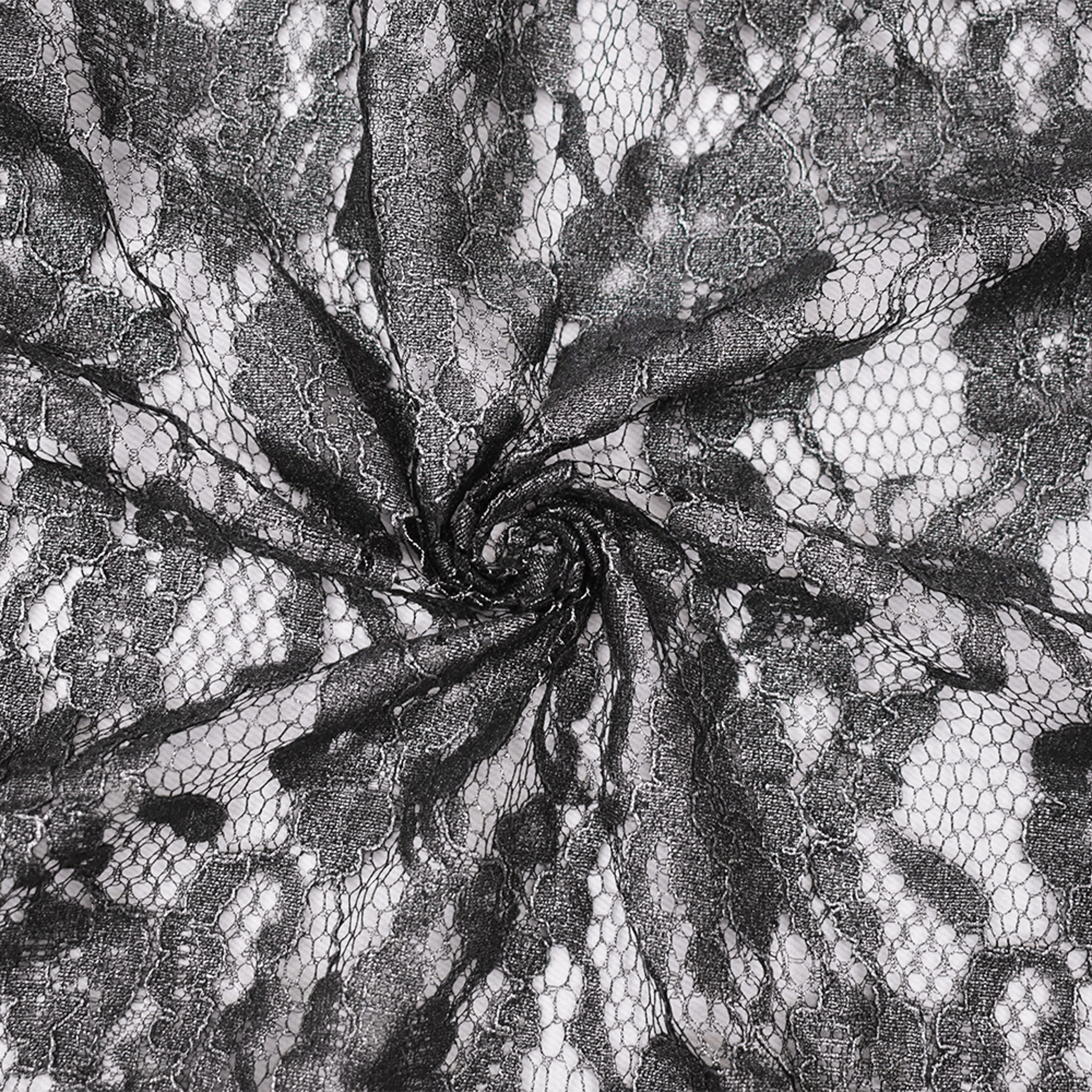 Black-Silver Cotton Polyester Crochet Floral Lace Mesh Knit Fabric