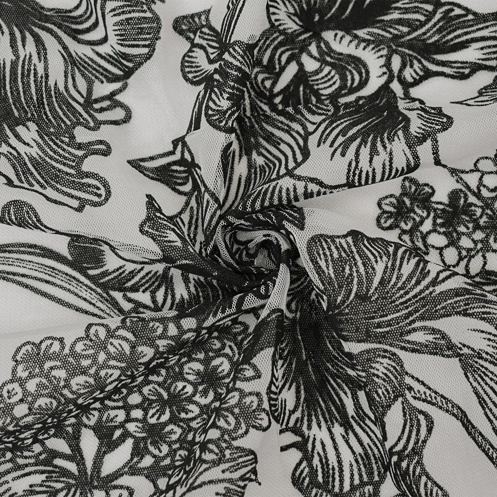 Black-White Nylon Floral Printed Mesh Tulle Knit Fabric